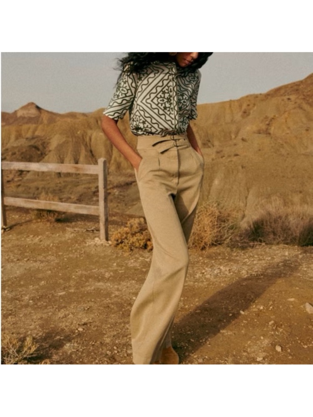 Sézane Lazaro Wide Leg Trousers‎ Khaki Beige Womens Size 8 NWT Cotton